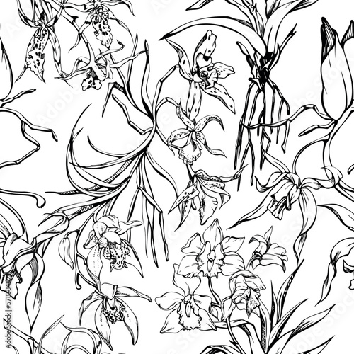 Hand drawn vector ink orchid flowers and branches, monochrome, detailed outline. Seamless pattern with crystal forms. Isolated on white background. For wall art, wedding, print, tattoo, cover, card.