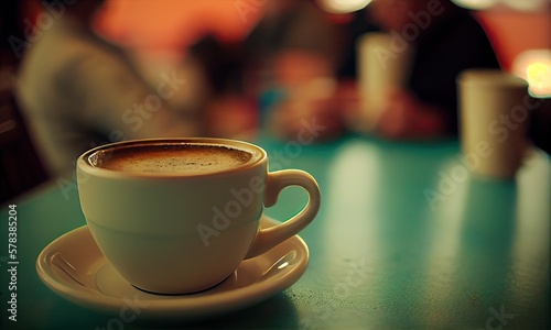 A cup of hot coffee on the table in a cafe with people, small depth of field, generative AI