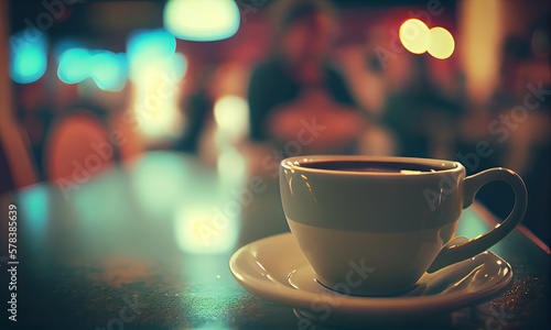 A cup of hot coffee on the table in a cafe with people  small depth of field  generative AI