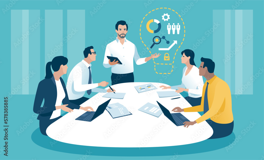 Discussion of the new business plan. Project. Brainstorming. Business vector illustration. - obrazy, fototapety, plakaty 