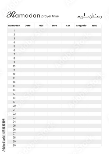 Ramadan Kareem schedule of prayer time. Vector calendar Planner on Ramadan