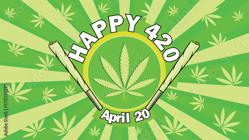 Happy 420 day vector illustration background. happy 420 celebrated every year on April 20. Banner design with marijuana or cannabis plant symbol pattern, sun burst, cannabis cigarette icons and text.