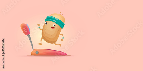Cartoon funky potato character running or jogging isolated on pink horizontal banner background. Cute sporty vegetable character making cardio sport exercise. Fitness cardio concept