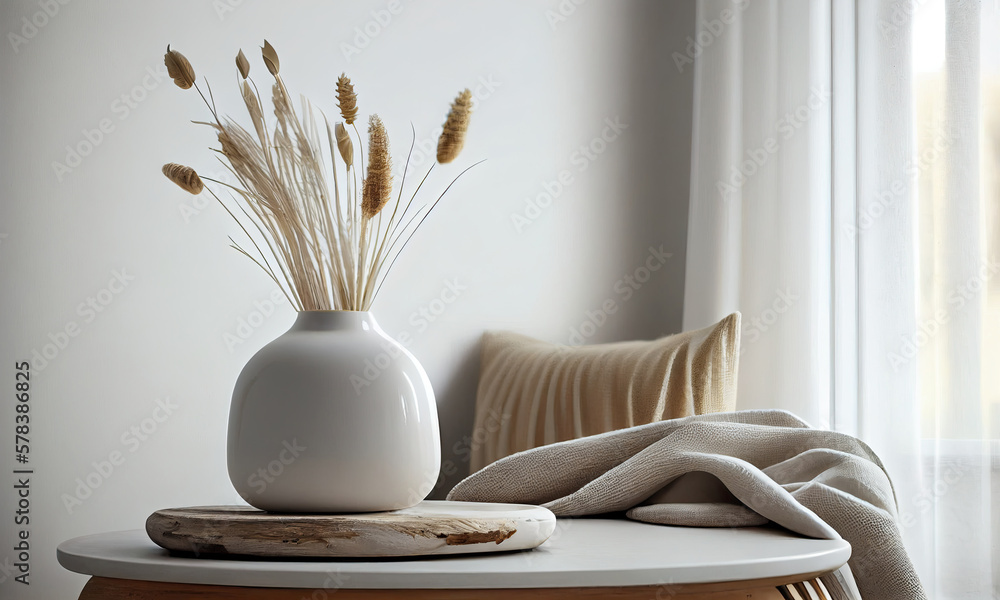 White ceramic vase with dried grass on an antique wooden table, generative AI White ceramic vase with dried grass on an antique wooden table, generative AI