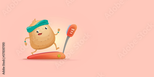 Cartoon funky potato character running or jogging isolated on pink horizontal banner background. Cute sporty vegetable character making cardio sport exercise. Fitness cardio concept