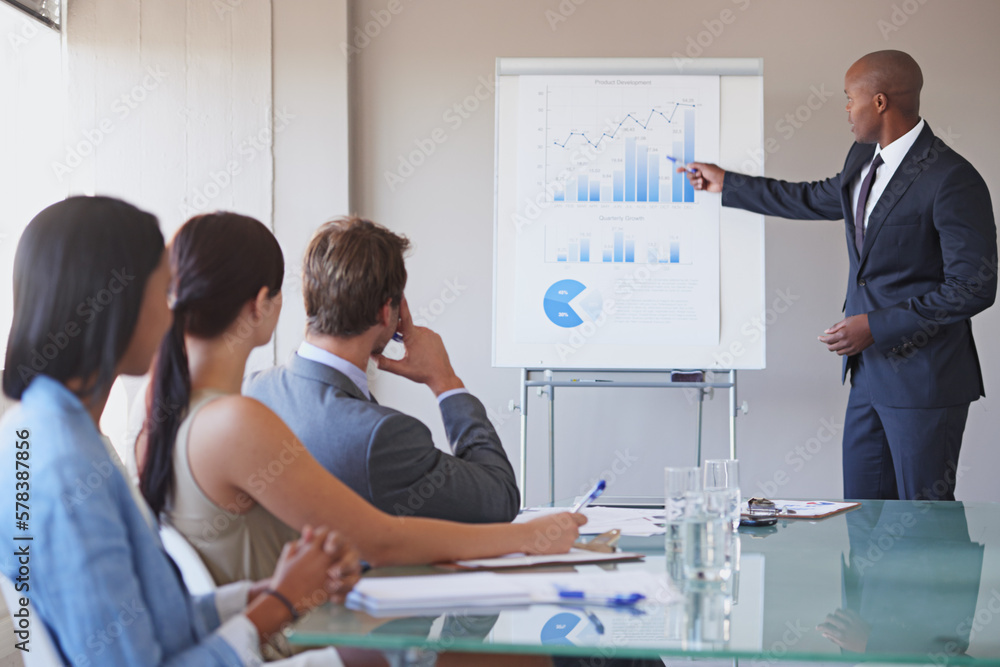 Revenues have been growing steadily this past quarter. a business manager presenting financial data to his colleagues during a meeting. Revenues have been growing steadily this past quarter. a business manager presenting financial data to his colleagues during a meeting.