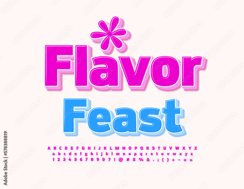 Vector bright Emblem Flavor Feast. Creative 3D Font. Pink Alphabet letters, Numbers and Symbols set.