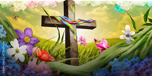 easter banner with a cross and flowers, colorful illustration, Generative AI photo