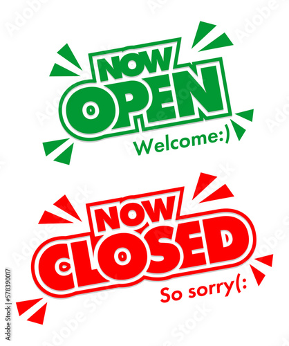 Lettering now open closed for door sign. Vector template on transparent background