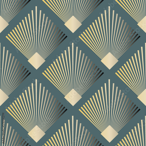 Abstract seamless pattern with Art Deco Style motifs. Vector background with metallic gradient squares and stylized sunbeams. Classic vintage backdrop for textile, business stationary, home decor