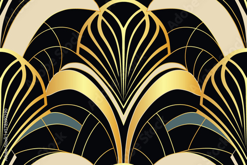 Art Deco Style Retro Seamless Pattern. Luxury black vector background with golden metallic lines. Elegant vintage backdrop for textile, business stationary, home decor, wrapping paper