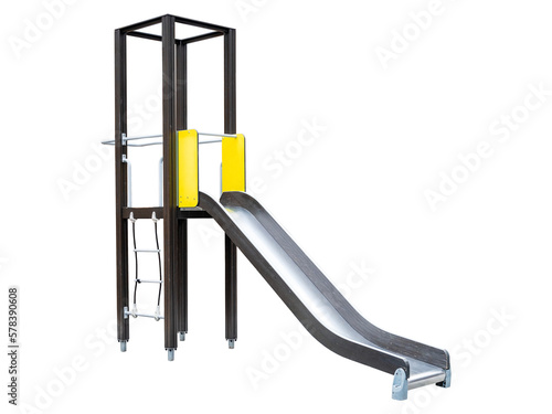 Modern sport neat brown children's slide on a transparent background. A steel slide with wooden supports and a hanging ladder