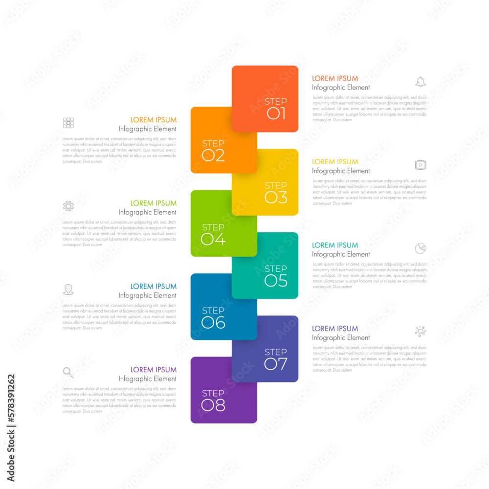 Modern infographic Timeline template can be used for workflow layout, diagram, number options, web design. Infographic business concept with 8 options, parts, steps or processes.