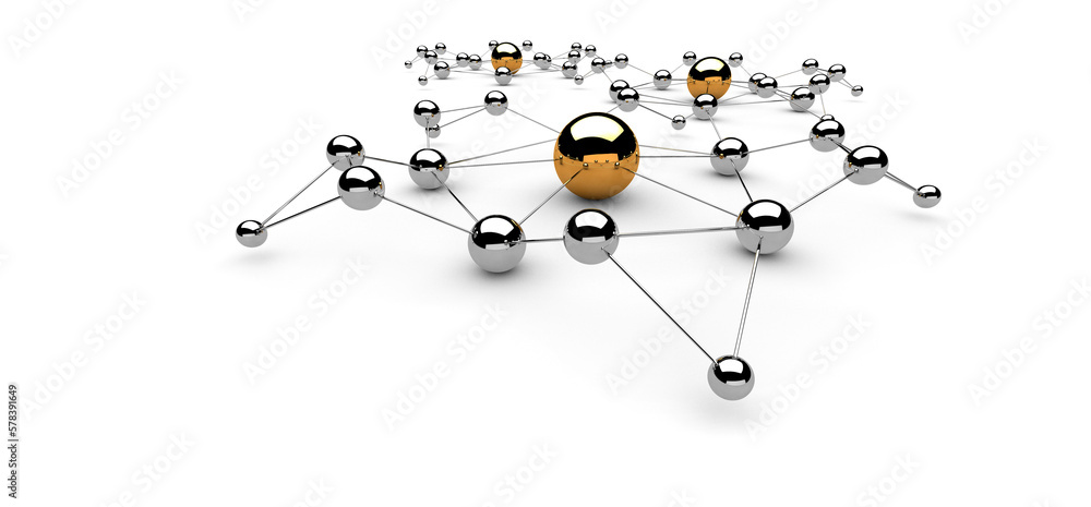 Fototapeta premium Silver balls on a white background. The dominant position of the object. Network structure. The atomic lattice. An abstraction. Free space for insertion. Illustration. 3D rendering. 