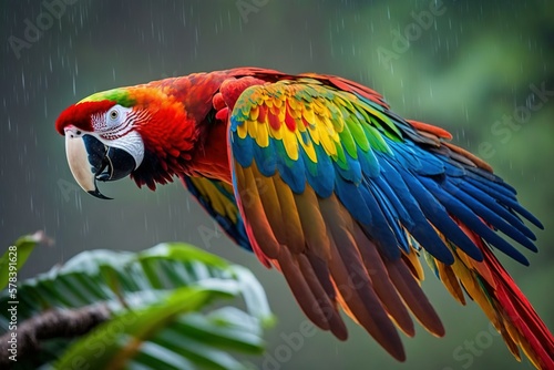 Fototapeta Naklejka Na Ścianę i Meble -  a colorful macaw flies through the jungle forest in the rain