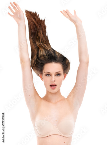 The beauty model showcases her voluminous, long, and blonde hair in a stunning pose that exudes luxury and sophistication isolated on a PNG background.