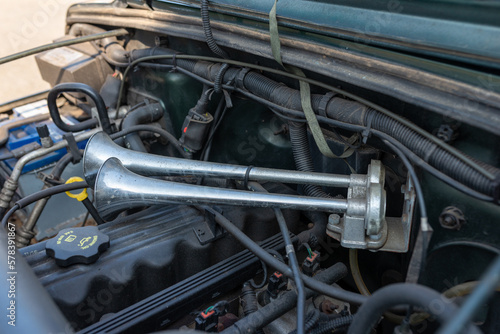 Car engine detail with a focus on the metal horns