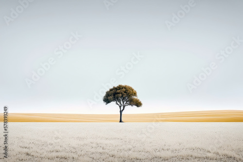 A minimalist photo of a single tree standing in the middle of an open field - Generative AI