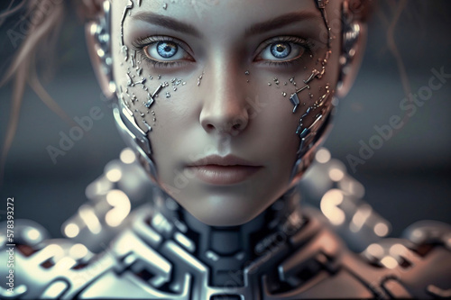 Portrait of a female cyborg. AI generated illustration. photo