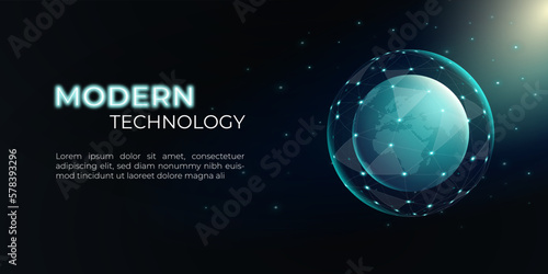 Sci fi planet with global network connection in space. Globe with a low poly sphere on a dark background. Abstract technology background. Vector illustration.