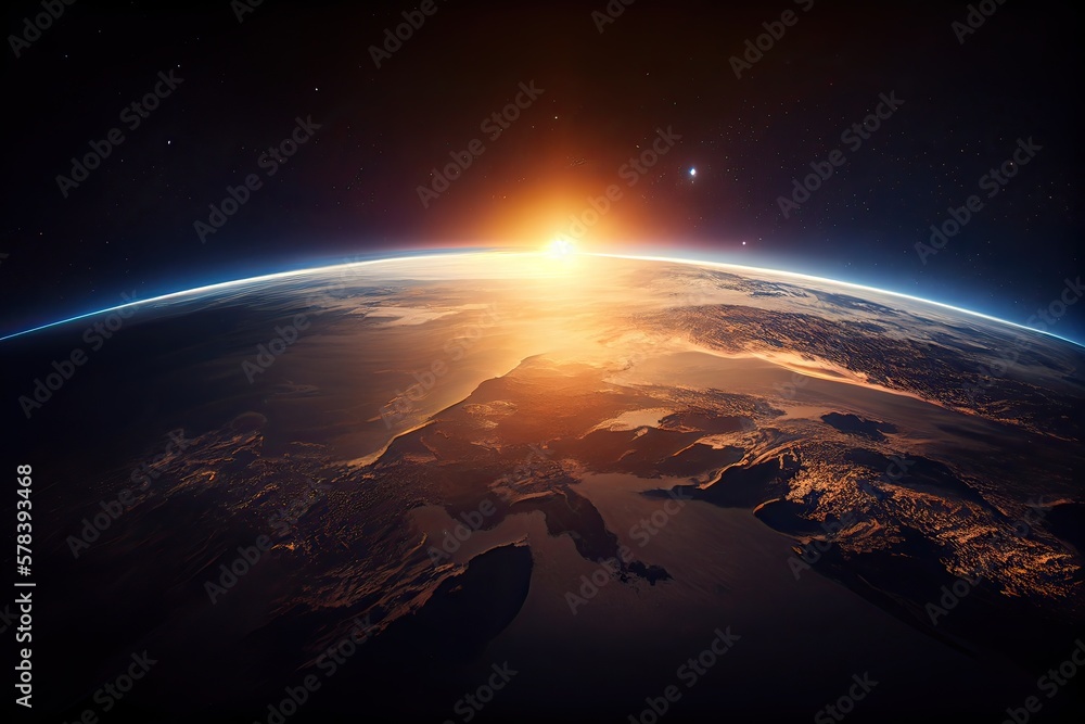 beautiful planet Earth seen from space, Aerial view of sunrise/sunset aerial view. Generative Ai
