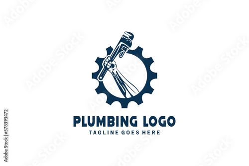 Vintage plumbing gear logo template design, plumbing repair vector illustration