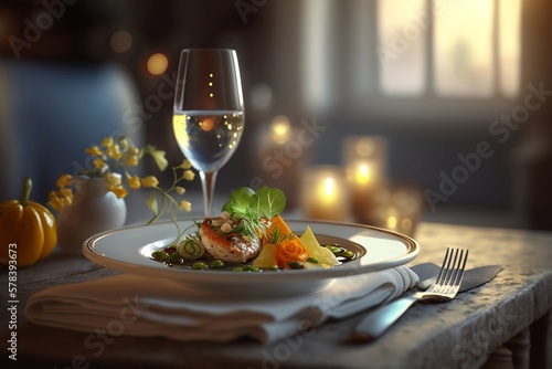 Fotografia, Obraz Michelin star quality food dish in a very atmospheric restaurant setting with bright daylight and wine on the table, AI generative