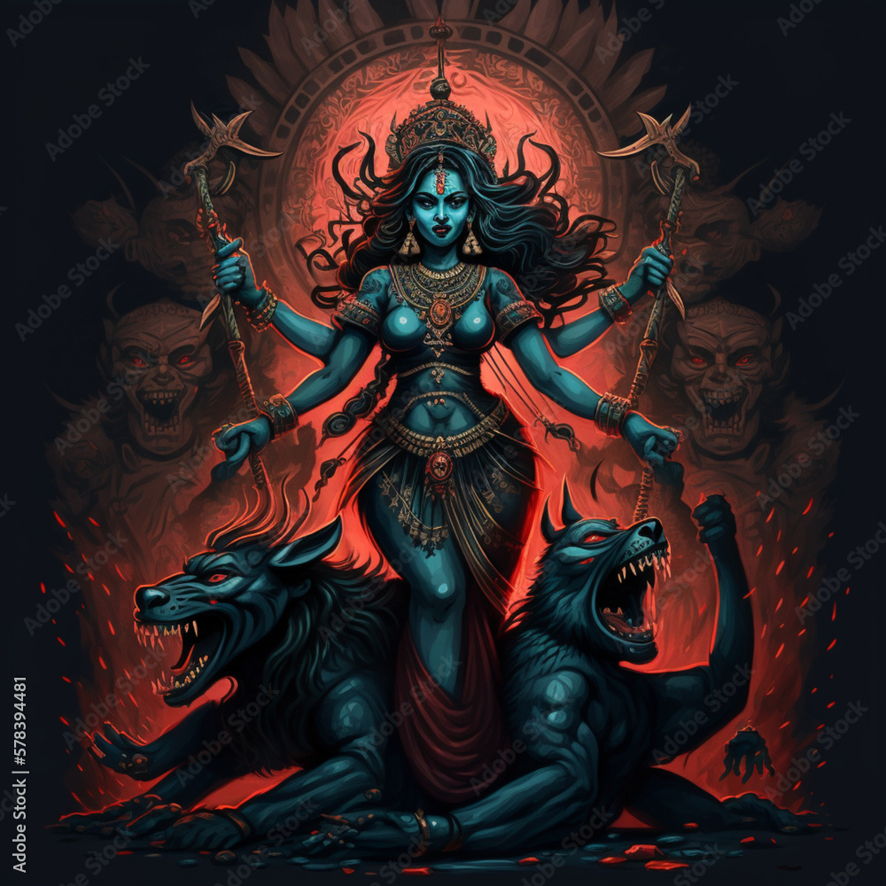 kali  goddess of death indian hindu dark siren fire  - obrazy, fototapety, plakaty 