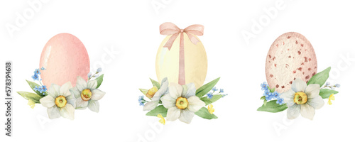 A set of vector watercolor Easter arrangements with eggs and flowers.