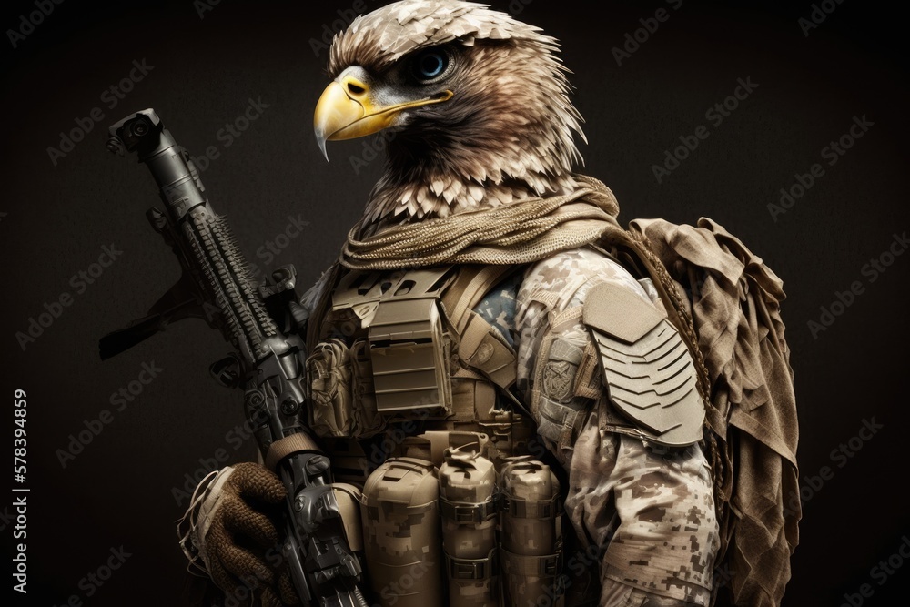 Bald Eagle dressed as a warfare soldier holding a gun. Generative AI. Stock Illustration | Adobe