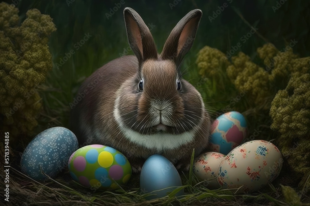 A Happy Easter Bunny with many colorful easter eggs. Generative AI.