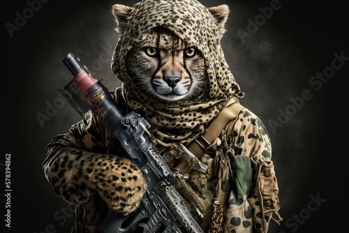 Cheetah dressed as a warfare soldier holding a gun. Generative AI.
