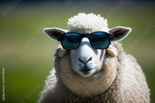 Funny sheep wearing sunglasses. Generative AI.