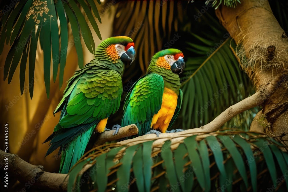 Obraz premium Green and yellow parrots in a tree. Generative AI.