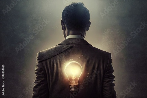 Illustration of businessman and light bulb. Generative AI