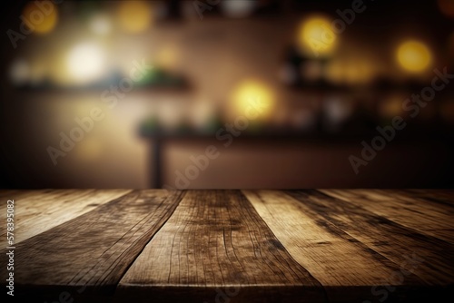 Empty wood table top with defocused background. Generative AI.
