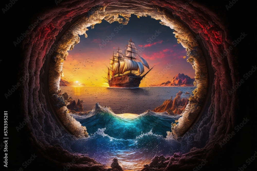 Portal to a paradise island, pirate ship and sea. Generative AI Stock