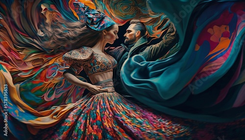 passionate dance in the Spanish gypsy style, pattern with many colors, a couple in carnival clothes