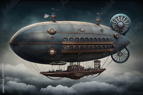 Landscape with airship in the sky with clouds, steampunk style, blue background. Generative AI photo