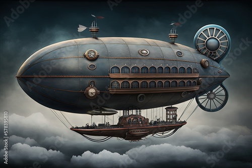 Fényképezés Landscape with airship in the sky with clouds, steampunk style, blue background