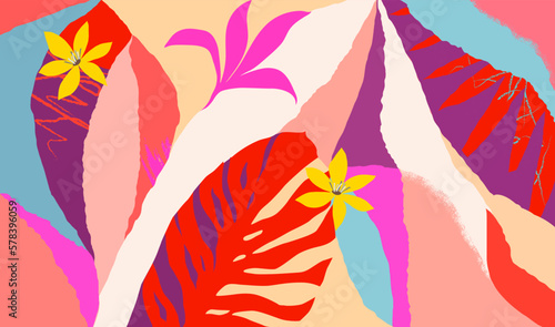 Modern colorful collage with abstract shapes, tropical leaves and flowers. Stylish summer abstract background.