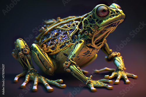 Robotized frog. Small details, complex structure construction. AI generated illustration. © Czintos Ödön