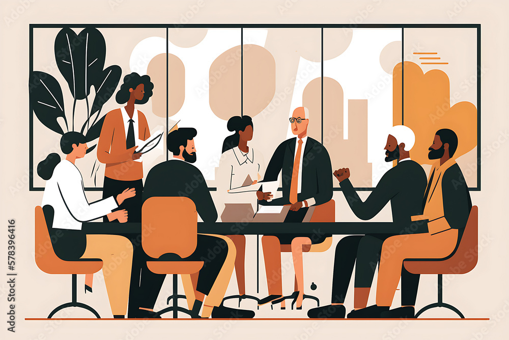 Flat vector illustration Coaches mature business leaders to talk to diverse teammates and listen to white CEOs. Project managers team of multicultural professionals negotiating in meeting room. ...  