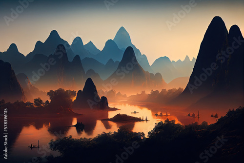View of peak forest and Li River in Guilin, Guangxi, China during golden hour in early morning mist. photo