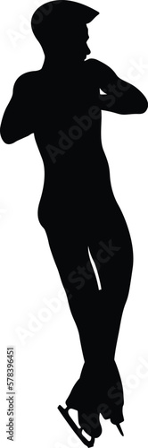 young male figure skater perform jump with rotation, black silhouette on white background, vector illustration