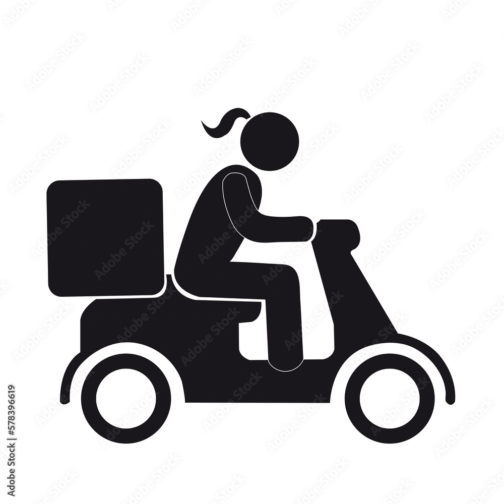 Icono de mujer de envío rápido repartidor montando una motocicleta sobre un fondo blanco liso y aislado. Vista de frente y de cerca. Copy space