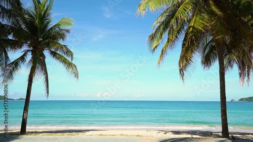 Tropical beach sky background. Beach sea summer. Palm seaside resort. Coconut tree leaf shadows sandy.