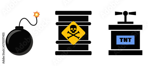 Bomb, TNT and gunpowder in barrel. Explosive materials vector set.
