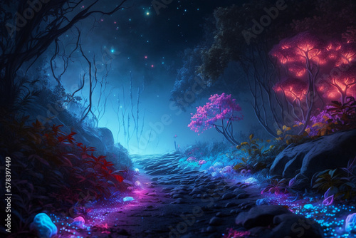 Colorful bioluminescence plants in forest crystals Generative AI