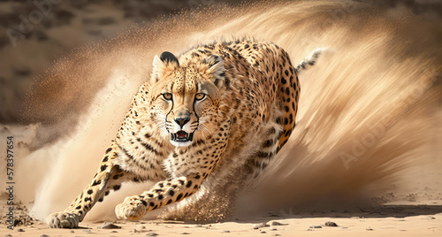 A close up of a cheetah sprinting across the savannah with its coat rippling in the wind - Generative AI photo